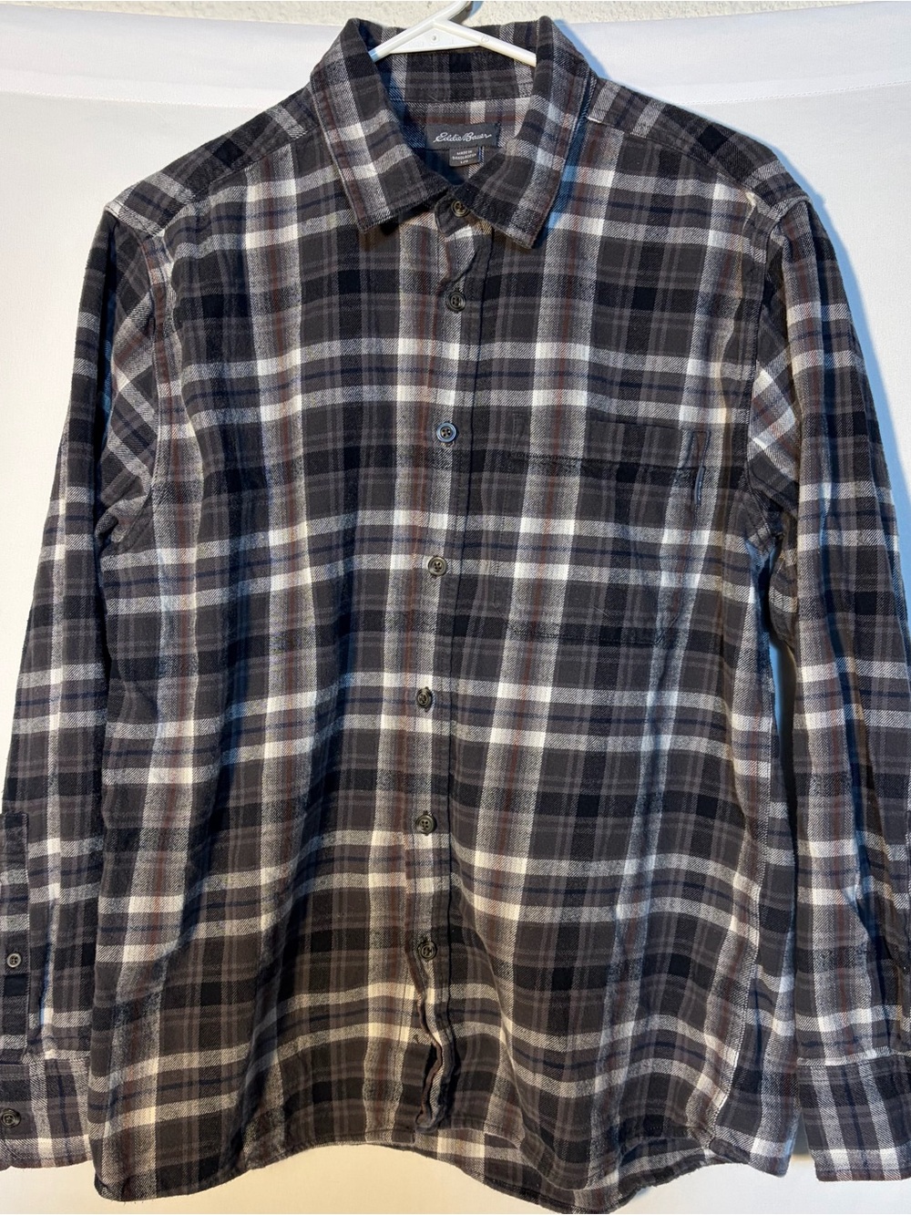 Eddie Bauer Men’s L Plaid Flannel Shirt Black Gray Brown 100% Cotton Outdoor